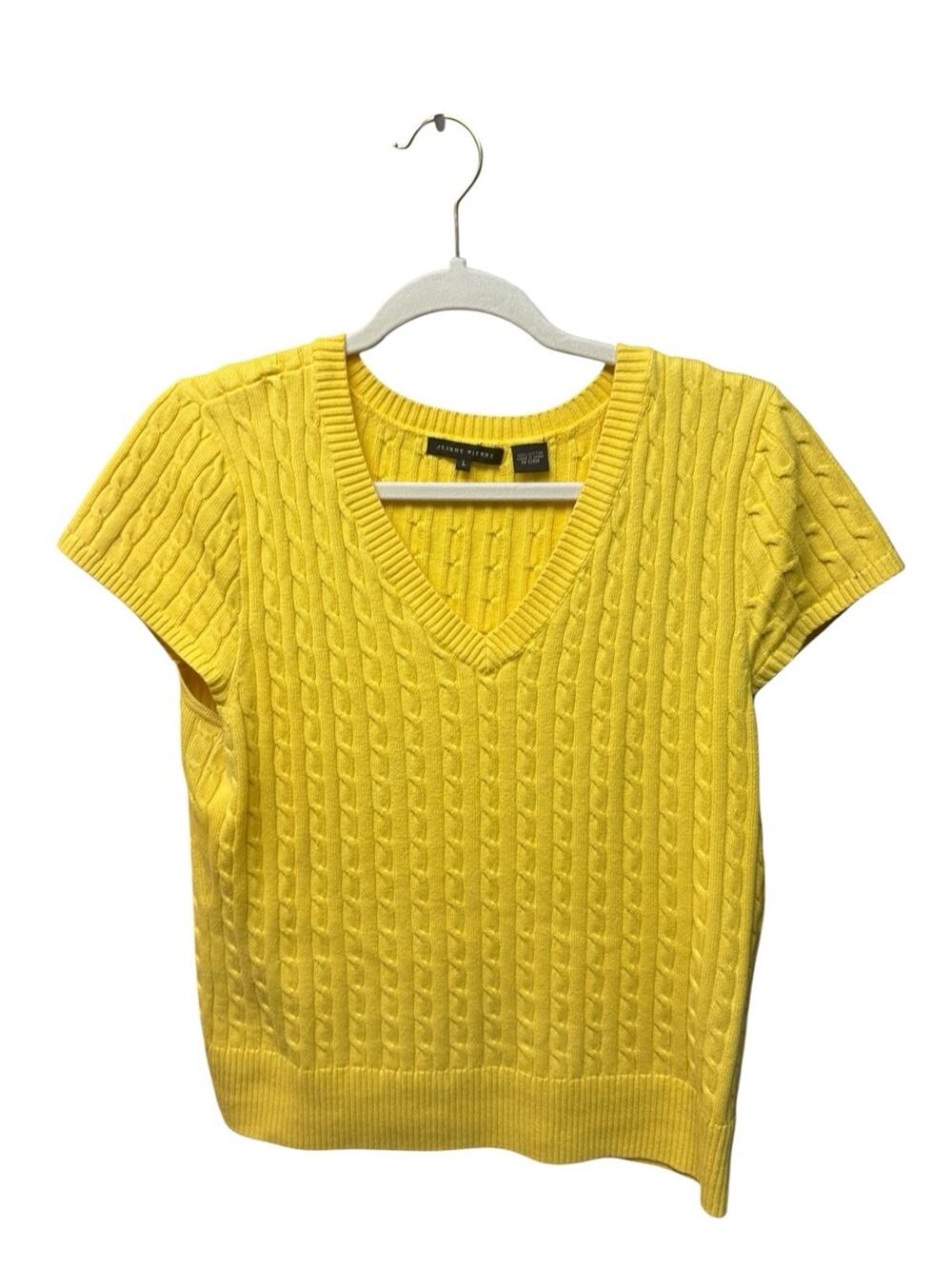 Vintage Y2K Jeanne Pierre Yellow Cable Knit Short Sleeve Sweater 100% Cotton, L